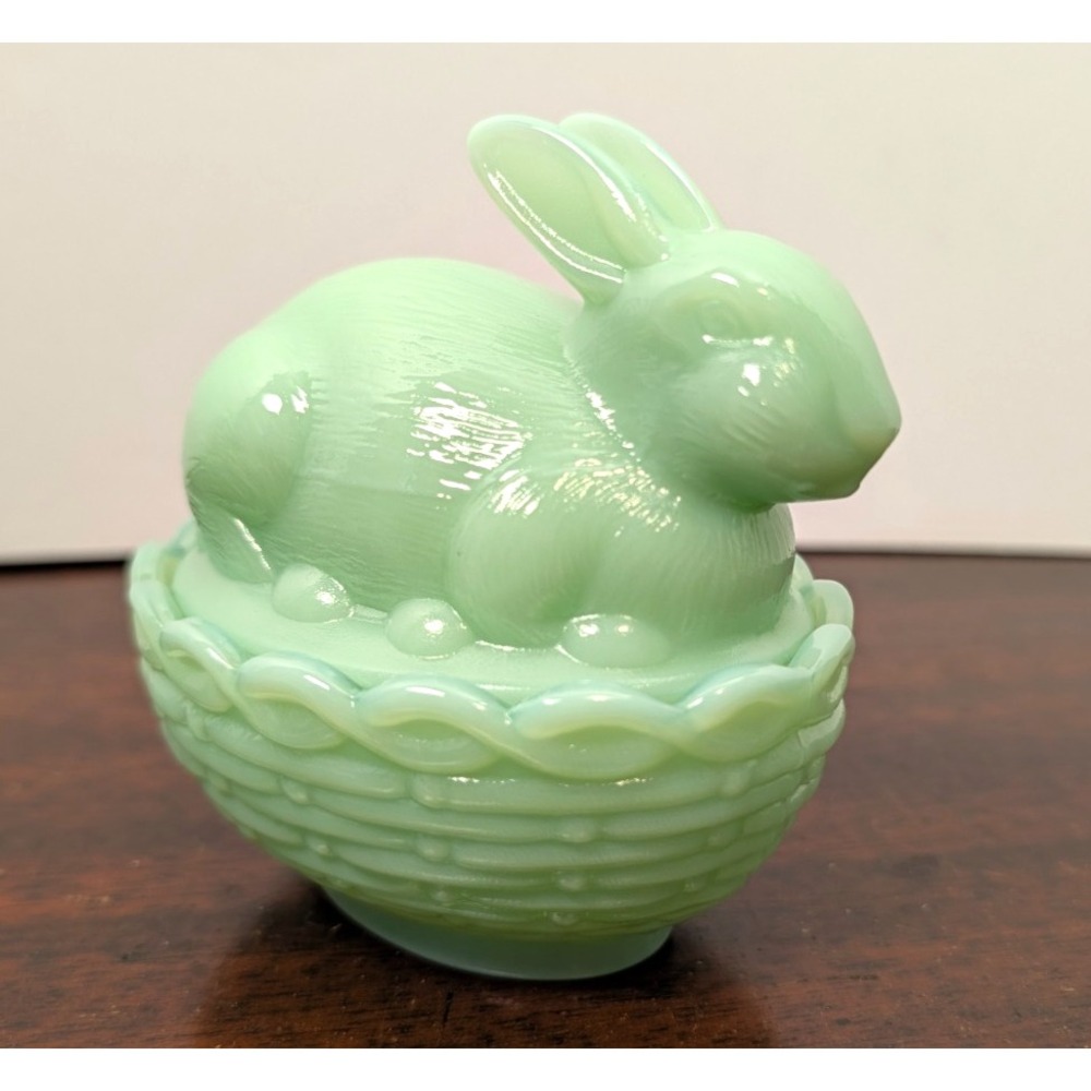 Mosser Glass Easter Bunny Rabbit on Basket Nest Candy Dish Jade Jadeite Green